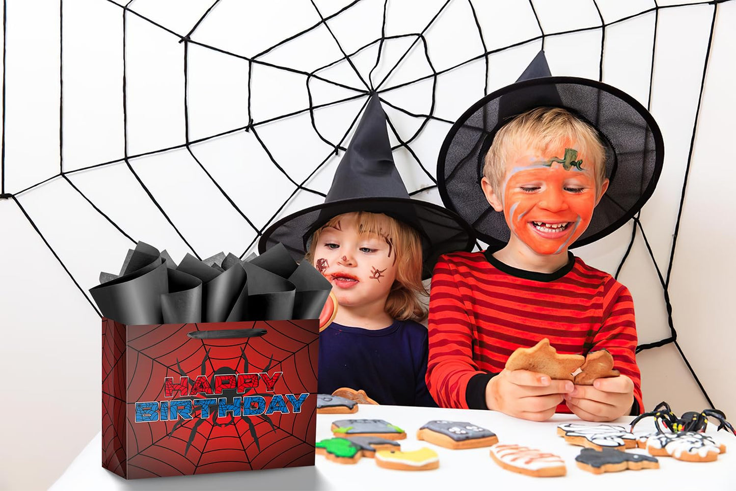 Ranfashiong 16" Red Extra Large Spider Birthday Gift Bag for Kids with Tissue Paper and Card, Spider Webs Design Wrapping for Boys, Girls Halloween Party Decor