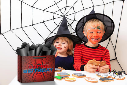 Ranfashiong 16" Red Extra Large Spider Birthday Gift Bag for Kids with Tissue Paper and Card, Spider Webs Design Wrapping for Boys, Girls Halloween Party Decor