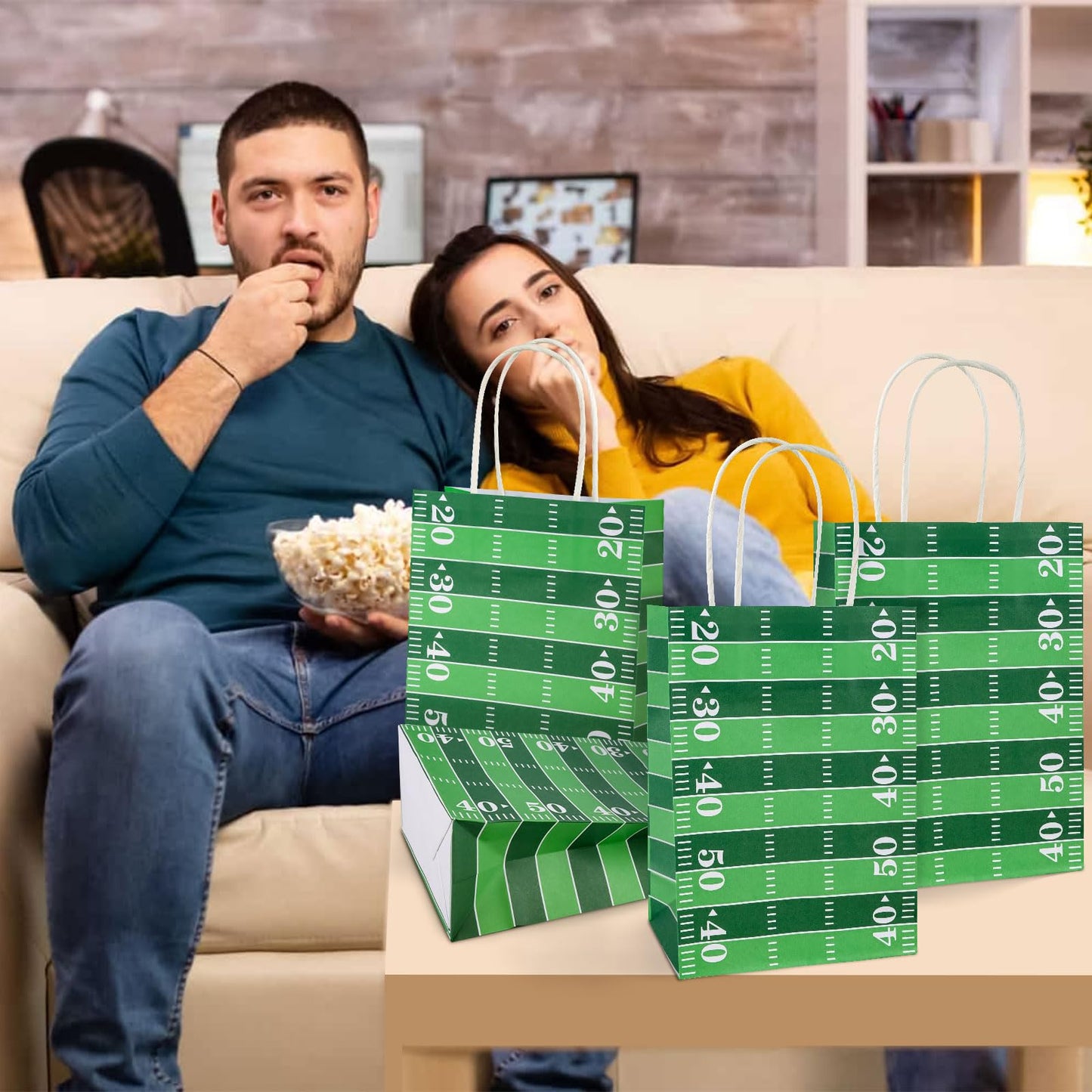 Hxezoc 12 Pieces Football Gift Bags with Handle, Football Field Paper Treat Candy Bag Sport Favor Bags for Football Theme Birthday Party Decoration Supplies