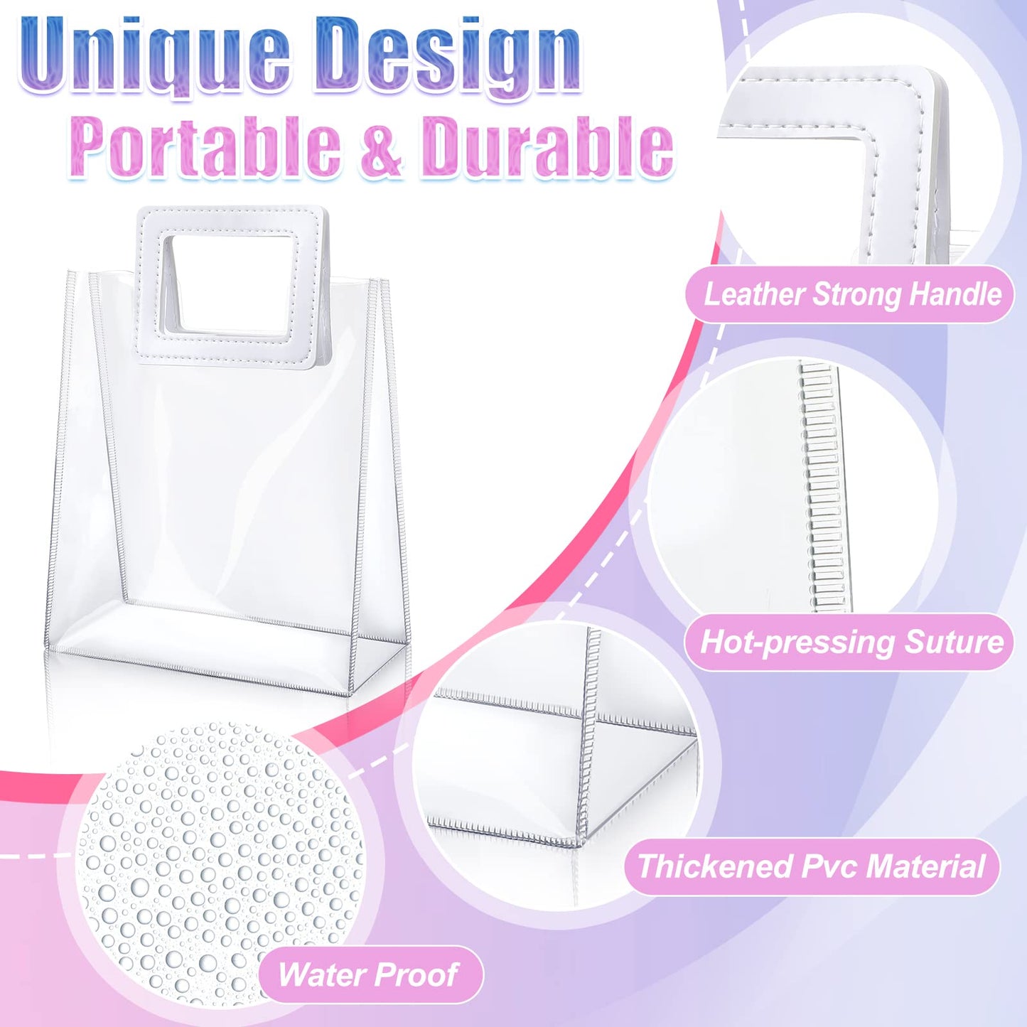Meanplan 15 Pack Clear Gift Bags with Handles, Reusable Transparent PVC Gift Bags for Gifts, Heavy Duty Plastic Shopping Totes for Birthday, Wedding, Baby Shower, Bridal Party(7 x 8 x 4 Inch,White)