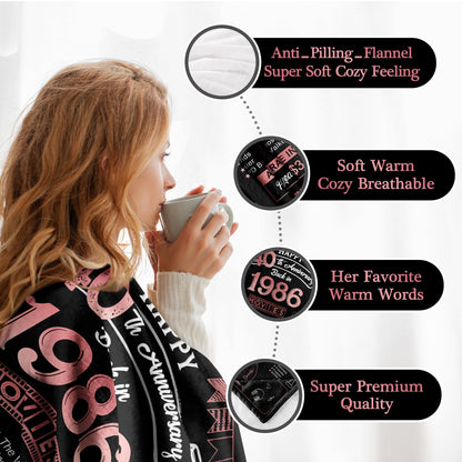 40th Anniversary Blanket Gifts Gift for 40th Wedding Anniversary Ruby Wedding Forty Years of Marriage Gifts for Couple Wife Husband Dad Mom Parents Back in 1986 Throw Blanket 60Lx50W Inch