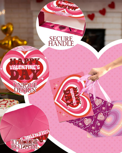 qiqee Heart Valentine Gift Bag with Tissue Paper Wide Medium Present Wrap Bags for Women Girlfriend Classroom Happy Valentine's Day (3 PCS Medium + Tissue Papers)