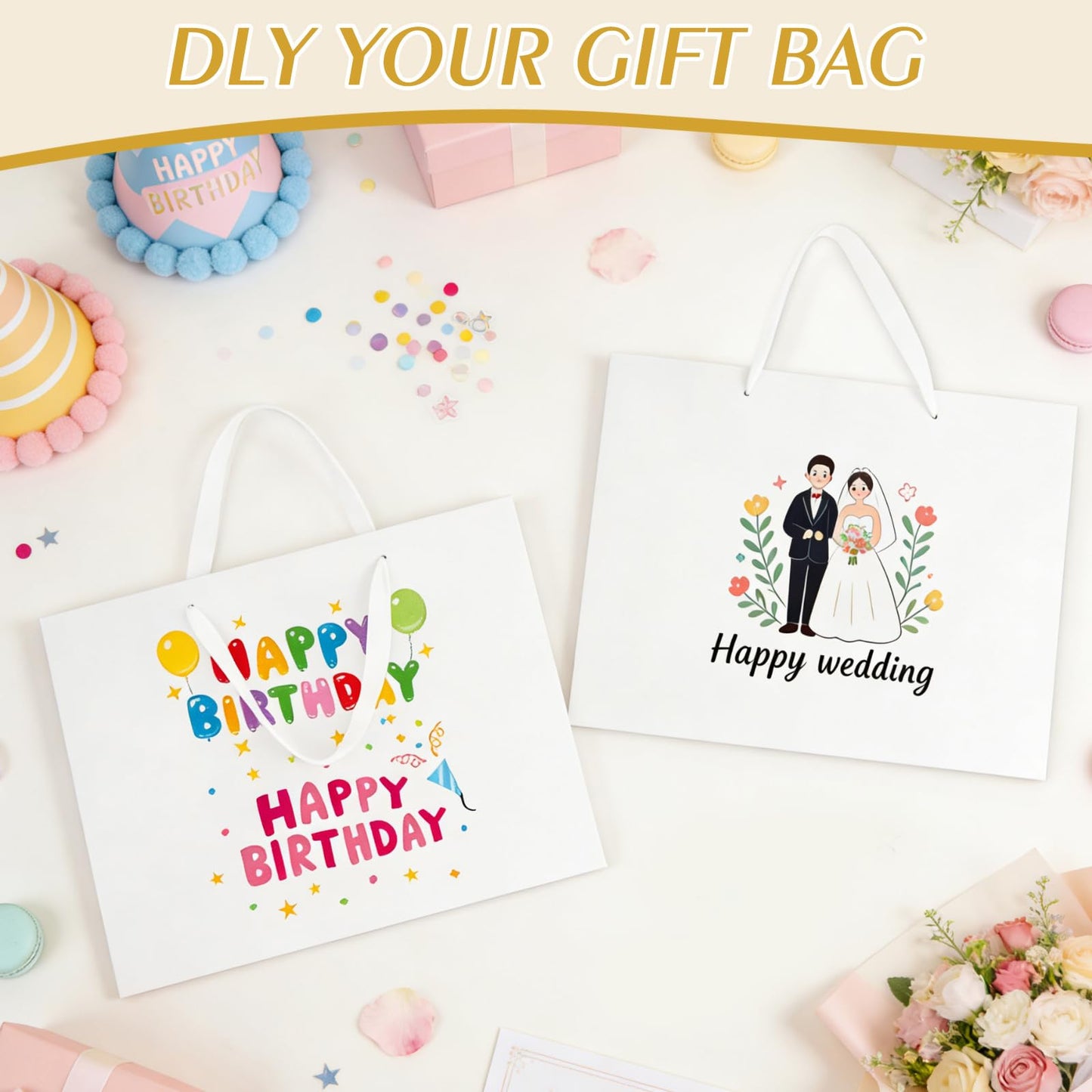 Ethhqu 3 Pack Extra Large White Gift Bags with Handles, 16x6x12 Inches - Includes 6 Tissue Papers for Birthday, Wedding, Shopping Business, Thanksgiving, Christmas&Holiday (White Extra Large-3 Pcs)