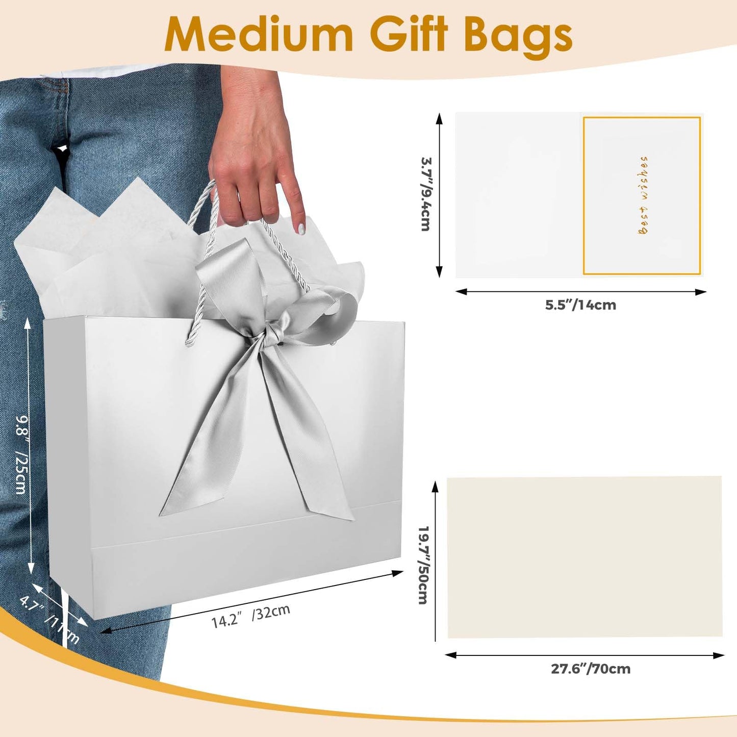 Gfractolux Large Gift Bags for Present, 1 Pcs Gift Bags for Women Men with Tissue Paper and Cards, Gift Bags for Birthdays, Baby Shower, Wedding, Party, Holiday Presents 14.2" x 9.8" x 4.7" (Silver)