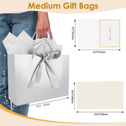Gfractolux Large Gift Bags for Present, 1 Pcs Gift Bags for Women Men with Tissue Paper and Cards, Gift Bags for Birthdays, Baby Shower, Wedding, Party, Holiday Presents 14.2" x 9.8" x 4.7" (Silver)