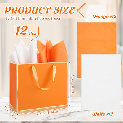 ReliThick 12 Pack Metallic Paper Gift Bag with Handles and Tissue Paper 11.8 x 10 x 4'' Thank You Favor Bag for Graduation Mother's Day Wedding Bridesmaid Groomsman 5 Senses Gifts (Orange,Gold)