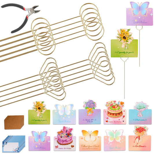 Round & Heart 40Pcs 11.8" Floral Picks Card Holders with Wire Cutter and 30 Cards, Golden Metal Florist Flower Bouquet Accessories Supplies Photo Place Gifts Card Tree Sticks, Ideal for Wedding Party