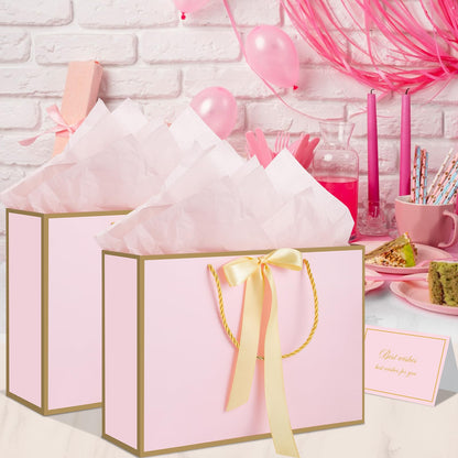 woric Pink Gift Bags with Handles, 14" Medium Gift Bags with Tissue Paper, 2 Pcs Pink Bags with 4 Tissue Paper and 2 Cards for Baby Shower Wedding Bridal Shower Graduation Birthday Party
