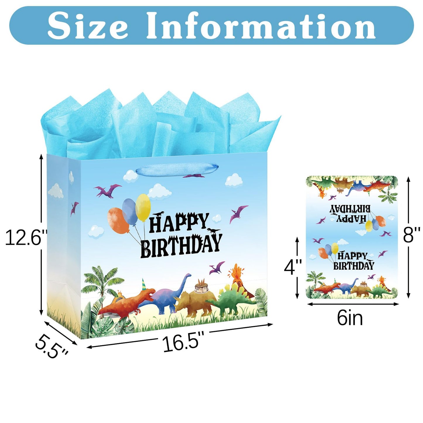 16.5" Extra Large Watercolor Dinosaur Birthday Gift Bag for Boy Kids with Card and Tissue Papers