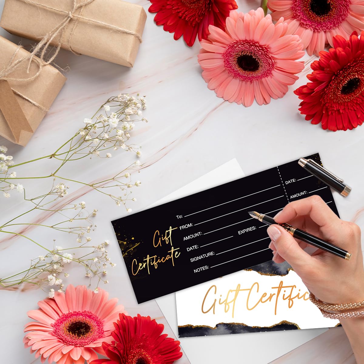 50 Sets Gift Certificates for Business, Blank Gift Cards Certificates with Envelopes, Gifts for Salon Restaurants Spa Marriage Birthday Client Vouchers 5.9 x 2.36 Inch - Black Marble