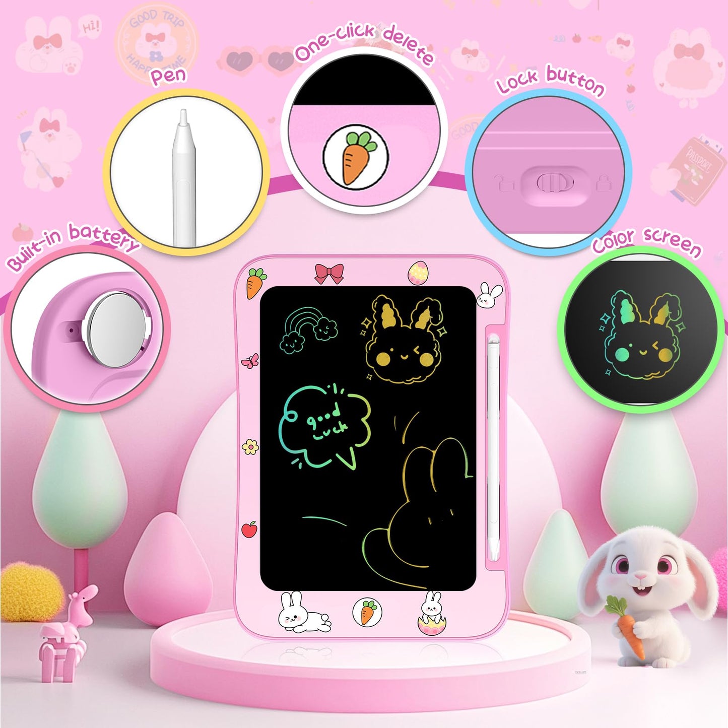 Easter Basket Stuffer Genialba LCD Writing Tablet for Kids, Colorful Screen Drawing Board for 3-7 Year Old Boys & Girls - Educational Toys Easter Gifts for Kids (Rabbit)