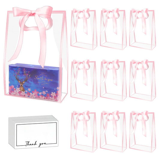 15Pack Clear Plastic Gift Bags with Handle,Reusable PP Gift Wrap Tote Bags with Ribbon for Wedding Bridal Birthday Party Baby Shower Goodies Graduation Shopping Business, 7x10x3.15 Inch (Pink)