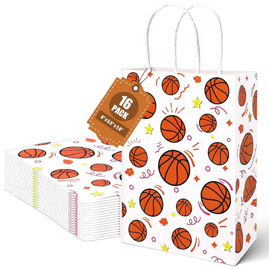 VGOODALL 16 Pack Gift Bags, 5.5" x 2.8" x 8" Basketball Party Favor Bags with Handles for Sports Theme Birthday Party Supplies