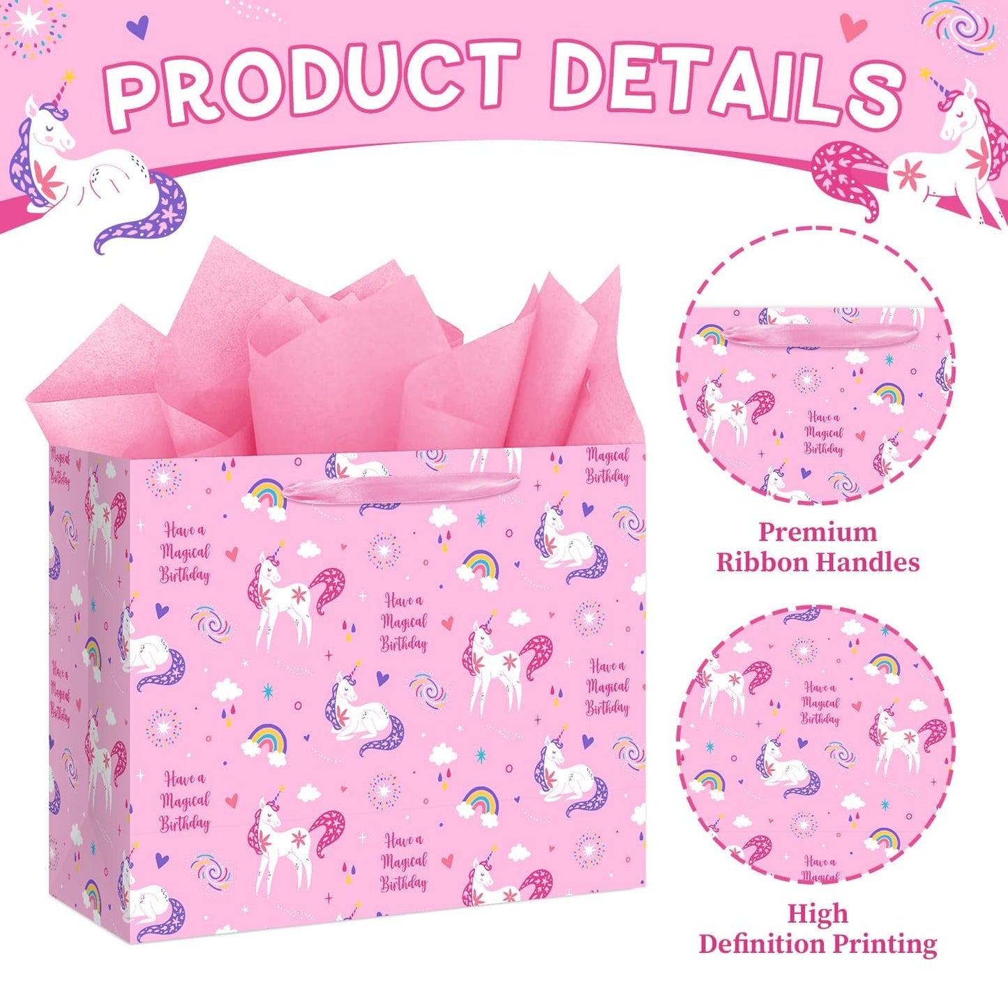 Reyoust 13" Large Magical Pink Unicorn Happy Birthday Gift Bag Set With Tissue Paper and Greeting Card Rainbow and Clouds Birthday Party Decorations for Girls Kids 13" L x 10.2" H x 4.9" D