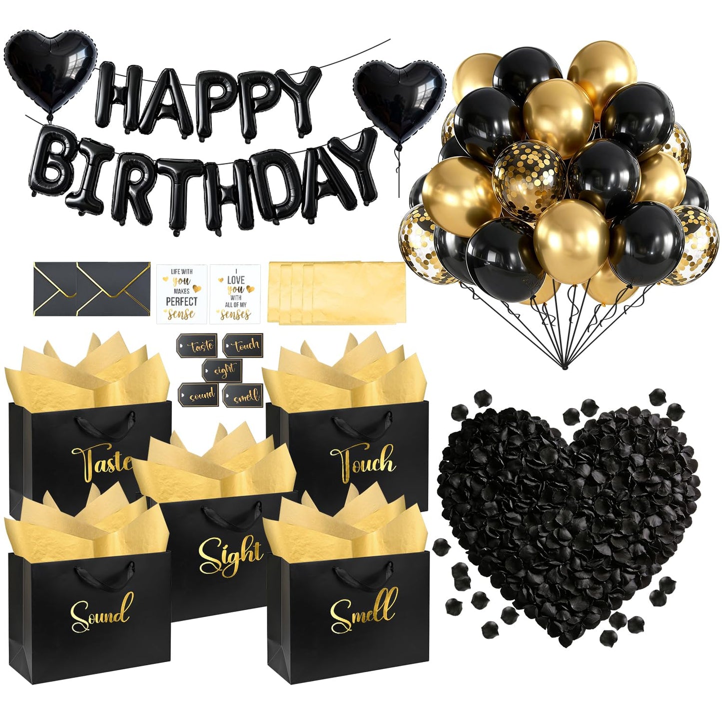 5 Senses Gift Bags for Him Her with Labels Birthday Decorations, Gold Foil Five Senses Gift Bags with Handle Tissue Paper Balloon Envelopes Cards Rose Petals Party Decor 13" x 10" x 5" Inches (Black)