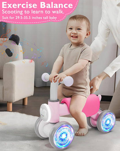 Doselie Toddler Outdoor Toys Balance Bike for 1 2 Year Old Girl Birthday Gifts,4 Wheels Colorful Lighting with Music Baby Balance Bike,Toddler Toys for 1st 2 Year Old
