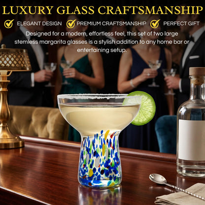 Large Stemless Margarita Glasses Set of 2-14oz Luxury Hand Blown Confetti Margaritas, Martini, Cocktails, Water, Wine, Dessert & Champagne Glasses Cinco de Mayo