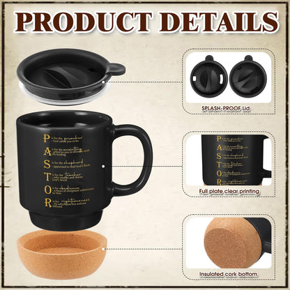 Dansydaisy 3 Pcs Fathers Day Church Gifts 13.5 oz Ceramic Cup with Lid Man of God Religious Leather Bag and Inspirational Christian Keychain for Men Pastor Church Welcome Gifts(Pastor,Brown)