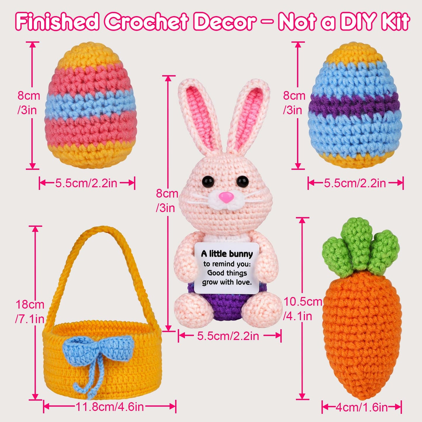 5 Pcs Finished Easter Positive Crochet Animals for Teen Girls & Adults Women, Handmade Filled Easter Basket with Crochet Bunny, Carrot, 2 Eggs, Easter Decoration Gifts Prefilled with Animal Stuffers