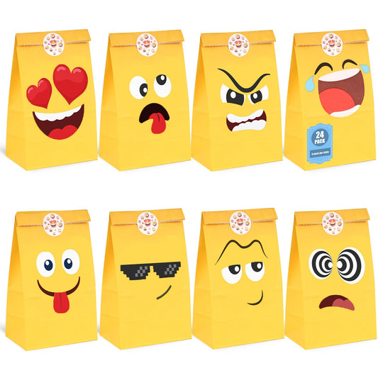 VGOODALL 24 Pack Funny Face Party Favor Bags with Stickers - 8.7"x4.7"x3.1" Yellow Expression Goodie Bags, Vibrant Cartoon Graphic for Kids Birthday, School Rewards & Gift Packaging