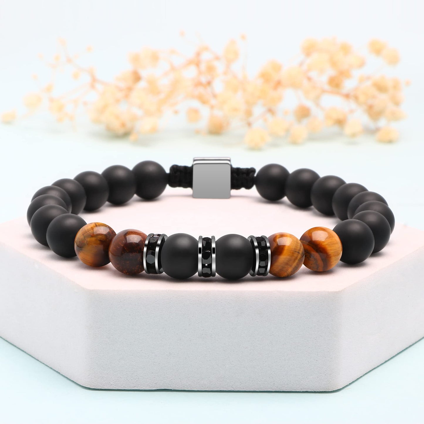 JoycuFF Gifts for Men Natural Tiger Eye Black Matte Agate Bracelets, Fathers Day Anniversary Christmas Birthday Gifts for Him Boyfriend Husband Brother from Girlfriend Wife, To My Man Bead Bracelets