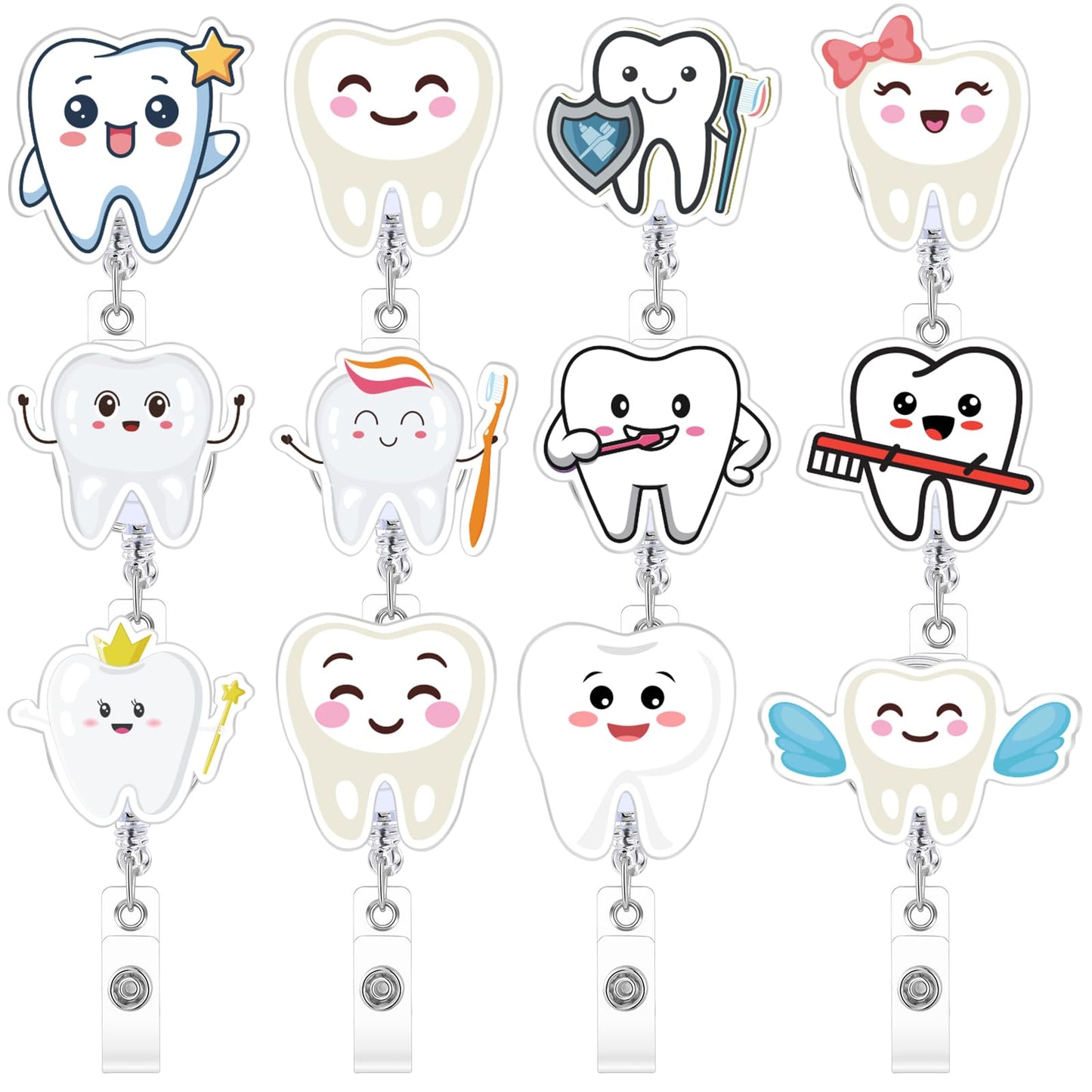 Geyoga 12 Pcs Dental Badge Reel Dental Hygiene Appreciation Gifts Tooth Shaped Badge Holder Retractable with ID Clip for Nurse Week Coworker Office Hygiene Hygienist School Student Friend Graduation