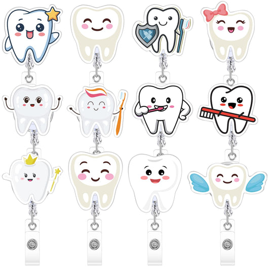 Geyoga 12 Pcs Dental Badge Reel Dental Hygiene Appreciation Gifts Tooth Shaped Badge Holder Retractable with ID Clip for Nurse Week Coworker Office Hygiene Hygienist School Student Friend Graduation