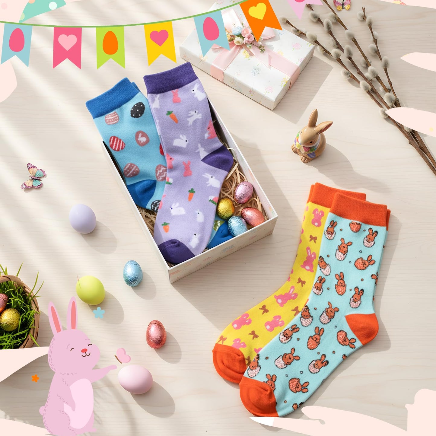 4 Pairs Easter Gifts for Men Funny Easter Rabbit Socks for Adult Egg Print Crew Socks Knit Unisex Novelty Spring Basket Stuffers Gifts