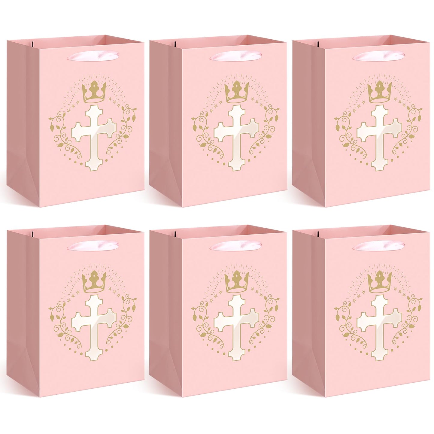 Humyoun 6 Pcs Pink Baptism Christian Religious Gift Bags with Cross Design Bulk 10.6 x8.2 x5.5 First Communion Baptism Confirmation Gift Bag for Baby Wedding Easter Clergy Day