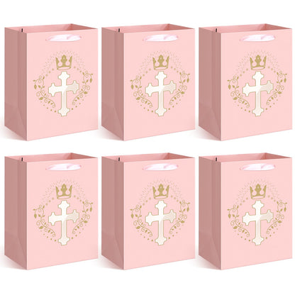Humyoun 6 Pcs Pink Baptism Christian Religious Gift Bags with Cross Design Bulk 10.6 x8.2 x5.5 First Communion Baptism Confirmation Gift Bag for Baby Wedding Easter Clergy Day