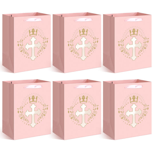 Humyoun 6 Pcs Pink Baptism Christian Religious Gift Bags with Cross Design Bulk 10.6 x8.2 x5.5 First Communion Baptism Confirmation Gift Bag for Baby Wedding Easter Clergy Day