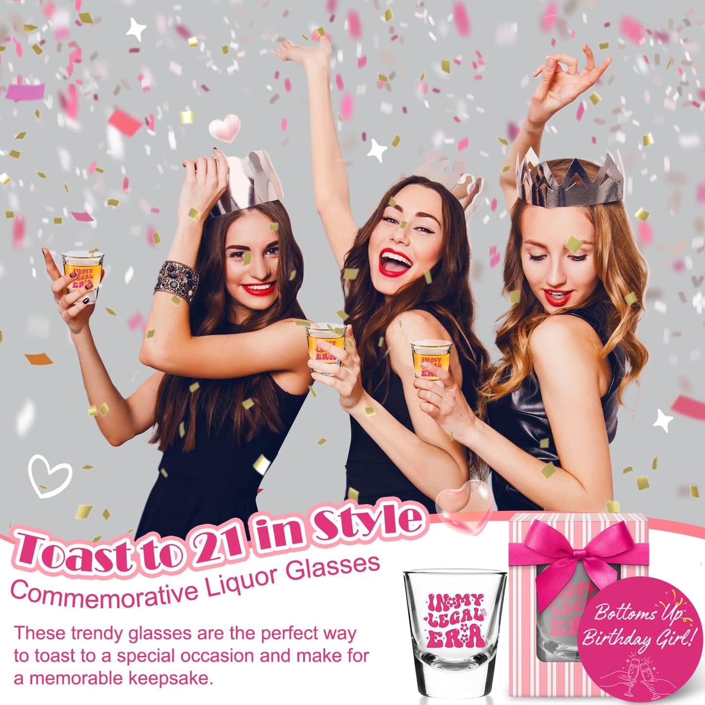 LOVEVOYAGE 21st Birthday Gift for Her - In My Legal Era 21st Birthday Shot Glass with Gift Box, Pink 2005 Turning 21 Bday Presents & Decorations for Daughter, Sister, Friend