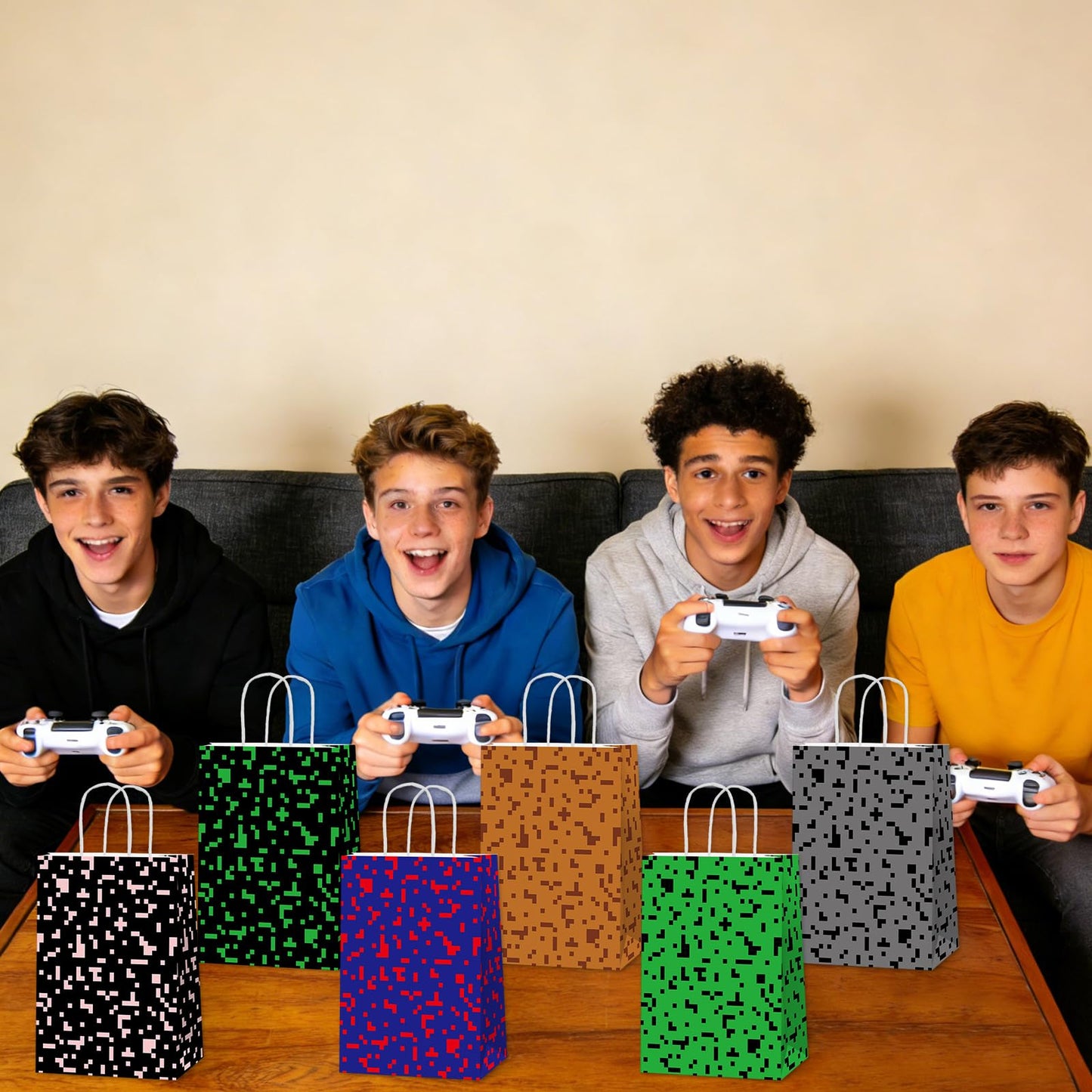 12 PCS Pixel Party Favors Bags Video Game Themed Paper Treat Bags with Handles Pixelated Goodie Gift Bag for Boys Girls Video Game Happy Birthday Baby Shower Party Decoration Supplies