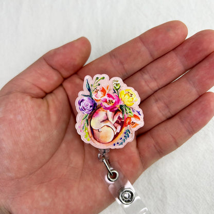 Floral Fetus L&D Badge Reel Retractable for Labor and Delivery Nurse & Midwife, NICU Badge Reel, Maternity Badge Clip, Cute OB/GYN Badge Holder with Alligator Clip & 24” Durable Nylon Cord | Acrylic