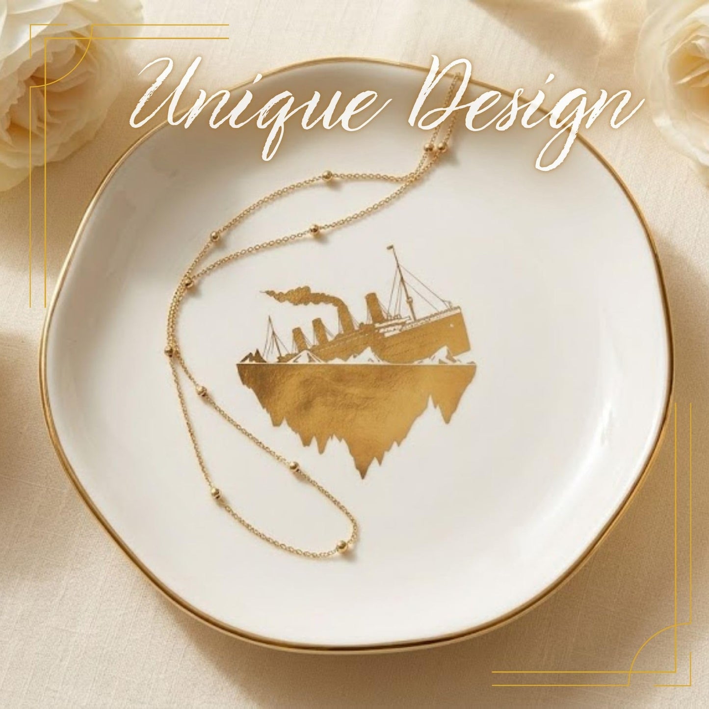 InnoBeta Titanic Gifts - 4.75" Handcrafted Ceramic Ring Dish with Gold Trim, Decorative Trinket Dish for Rings Earrings Necklaces