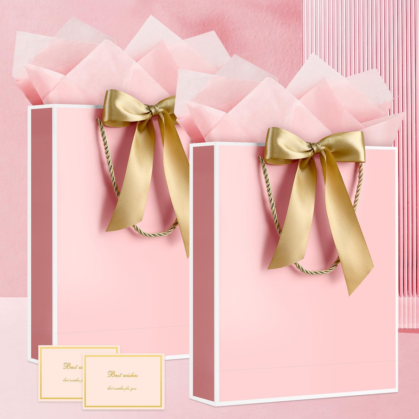 YoungTree Pink Gift Bags with Handles, 13" Medium Gift Bag with 2 Tissue Paper and 1 Card, Present Bag for Graduation Wedding Baby Shower Bridal Shower Birthday Party (Pink-White)