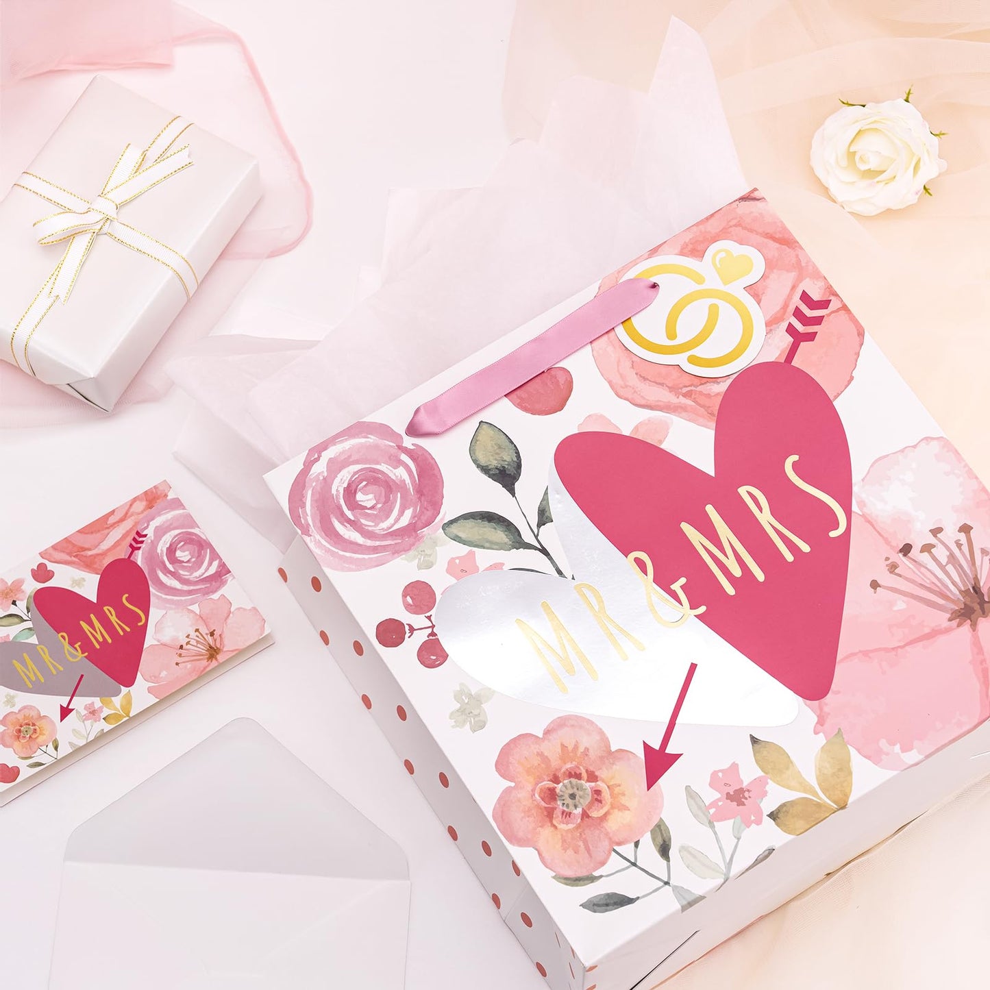 WRAPAHOLIC 10.5" Medium Gift Bags with Card and Tissue Paper - Mr & Mrs Design for Weddings, Engagements, Bridal Showers, Anniversary, Gift Wrap