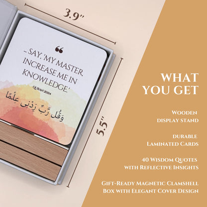 Islamic Wisdom Cards – Beautiful Gift Set with 40 Quran & Hadith Based Quotes for Spiritual Reflection, Ramadan & Eid | Premium Box + Wooden Stand