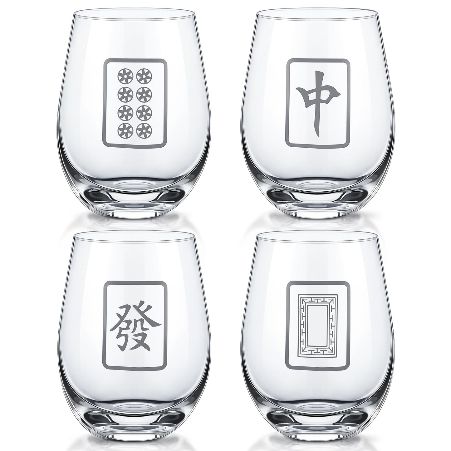 LemonRoad 4 Pcs Mahjong Wine Glasses Funny Mah Jong Party Supplies for Night, Gifts for Mahjong Lovers, Birthday Party Decorations & Family Play Day (Stemless Glass,17 oz)