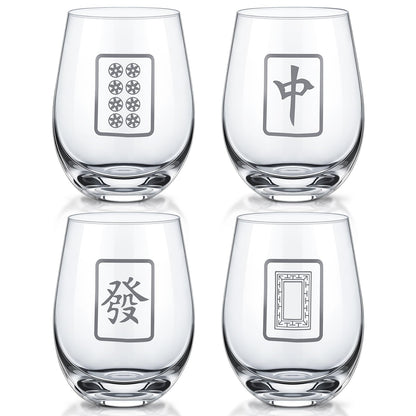 LemonRoad 4 Pcs Mahjong Wine Glasses Funny Mah Jong Party Supplies for Night, Gifts for Mahjong Lovers, Birthday Party Decorations & Family Play Day (Stemless Glass,17 oz)