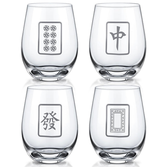 LemonRoad 4 Pcs Mahjong Wine Glasses Funny Mah Jong Party Supplies for Night, Gifts for Mahjong Lovers, Birthday Party Decorations & Family Play Day (Stemless Glass,17 oz)