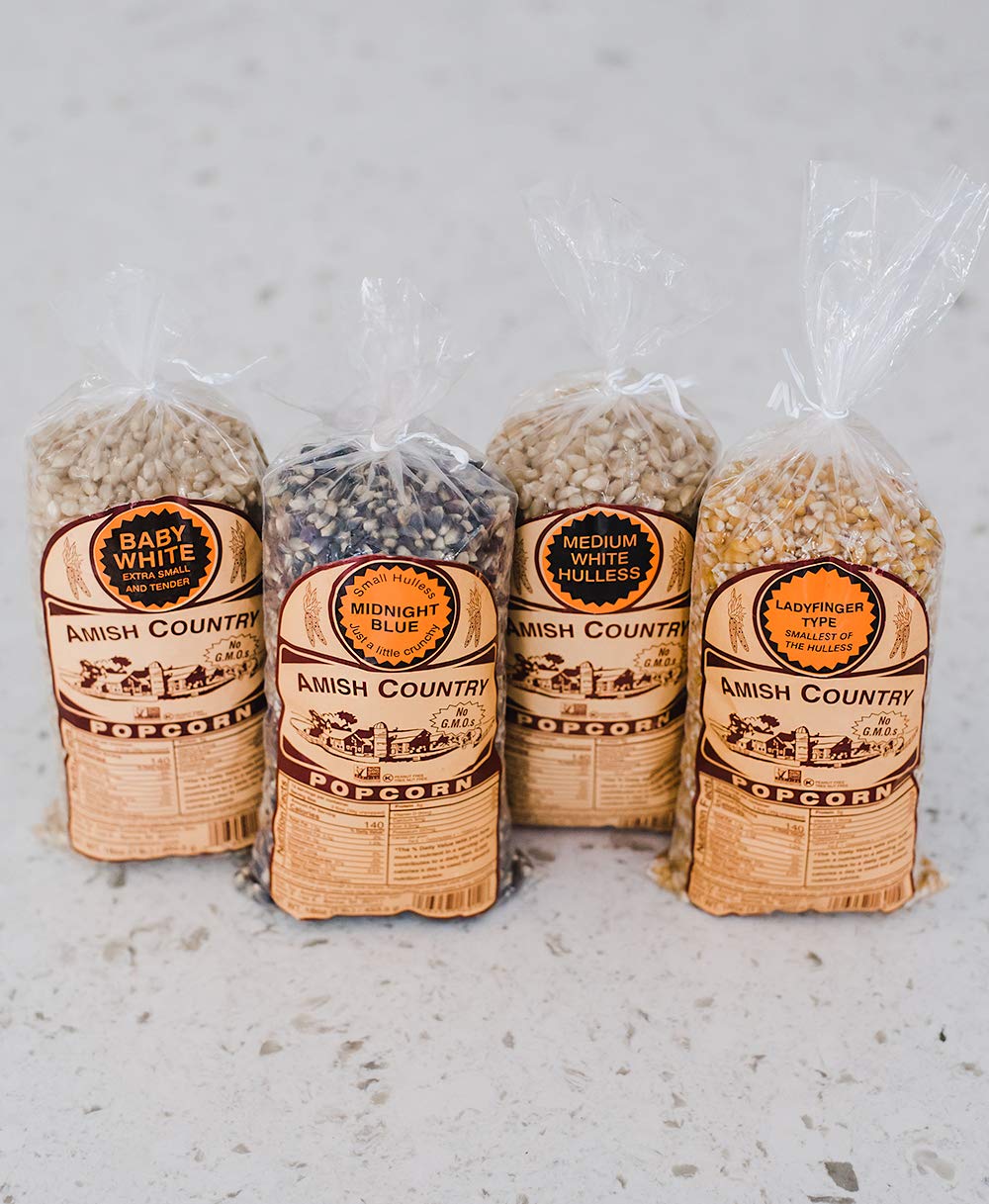 Amish Country Popcorn | 4-1lb Bags | Variety Pack | 1 lb each (Baby White - Medium White - Ladyfinger and Midnight Blue Popcorn Kernels) | Old Fashioned, Non-GMO and Gluten Free (4-1lb Bags)