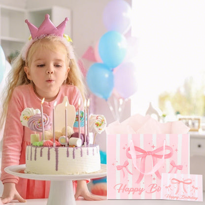 KEUKORZ Pink Birthday Gift Bag Set-Comes with Tissue Paper and Greeting Card, Large 13x10.3x5 Inch Bow Design Gift Wrapping Set, Perfect for Girls and Women