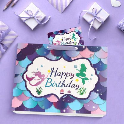 JMANNI Large Happy Birthday Gift Bag with Tissue Papers and Greeting Card,Portable Paper Mermaid Gift Bags with Handles,Purple Present Bags for Women Girls Birthday Party Supplies13 x 10.2" x4.7"