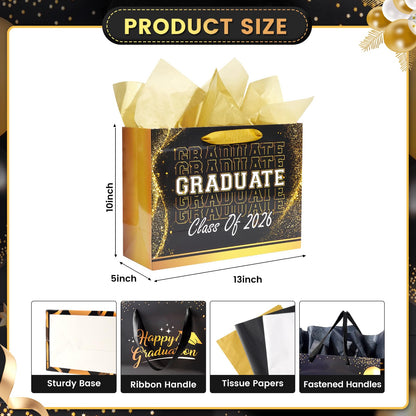 Nihuecne 13" Graduation Gift Bags with Tissue Paper, 4 Pack Paper Gift Bags with Handles for College & High School Graduates Grad Party, 4 Designs