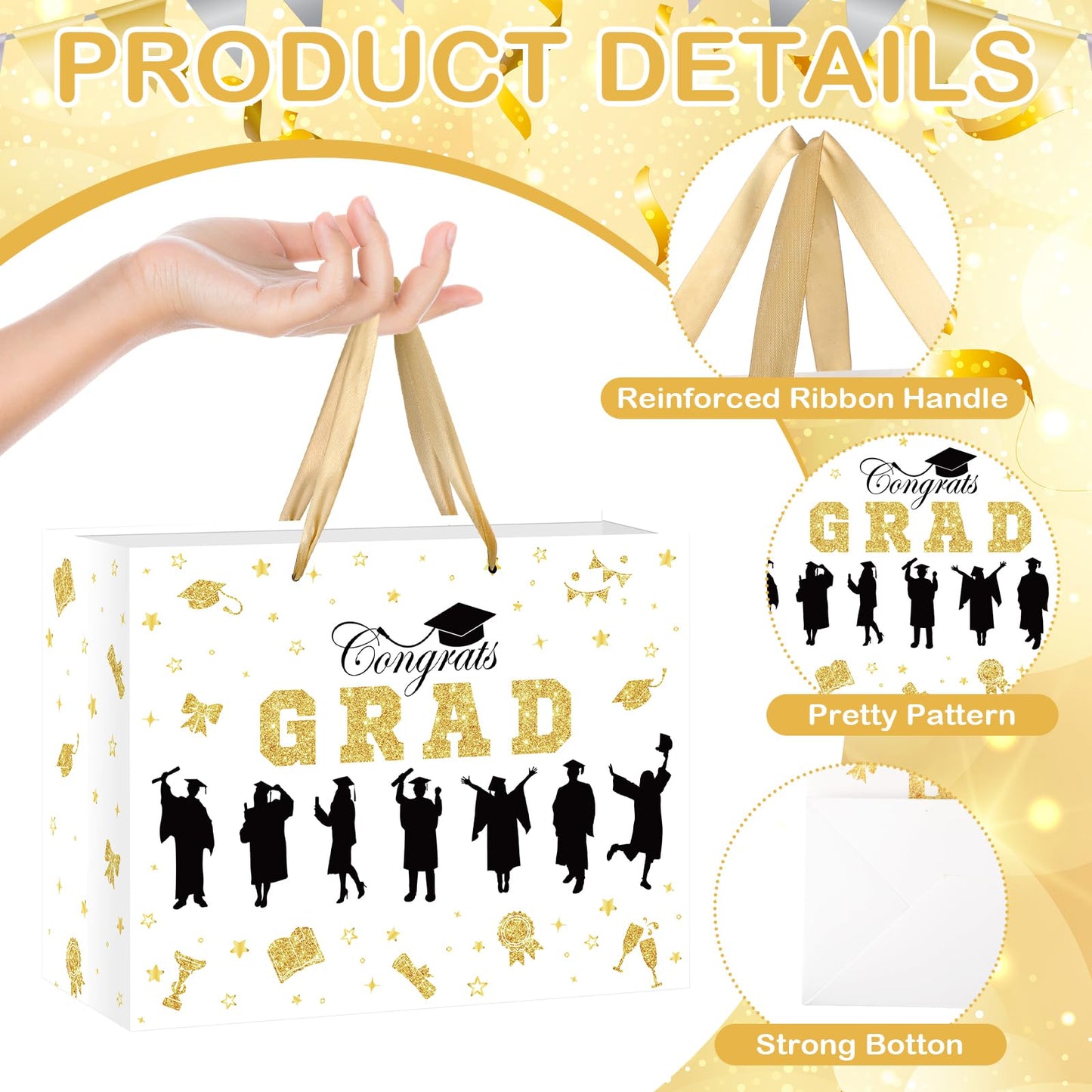 Graduation Gift Bag Class of 2026 Congrats Grad Gift Bag with Tissue Paper and Card Happy Graduation Wrapping Paper Bag for High School College University Gold Glitter Silhouette Theme Decorations