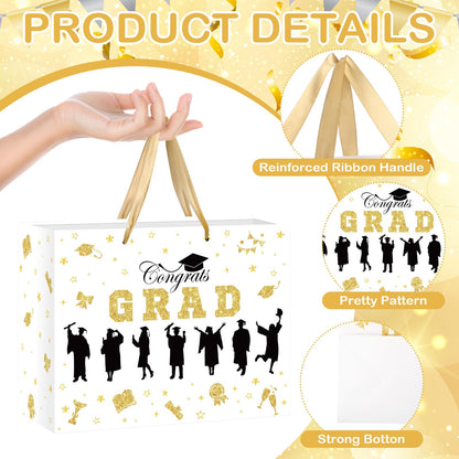 Graduation Gift Bag Class of 2026 Congrats Grad Gift Bag with Tissue Paper and Card Happy Graduation Wrapping Paper Bag for High School College University Gold Glitter Silhouette Theme Decorations