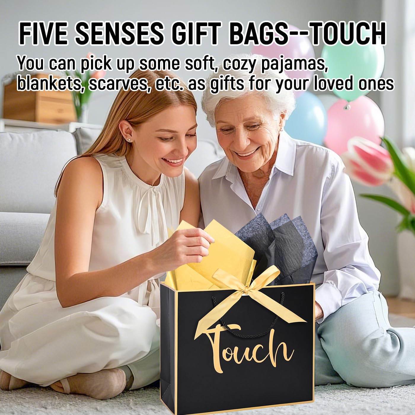 Large 5 Senses Gift Bags for Him Her, Gold Foil Sight Smell Touch Taste Sound Gift Bags,Five Senses Gift Bag for Him with Handles and Tissue Paper for Birthday, Mothers Day, Anniversary, Christmas12 x 10 x 4 Inch (Black)