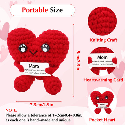 Birthday Gifts for Mom - Pocket Hug Heart with Positive Emotional Card Handmade Crochet Heart Doll for Mother's Day Women Mom Grandma (HeartShape-Red2)