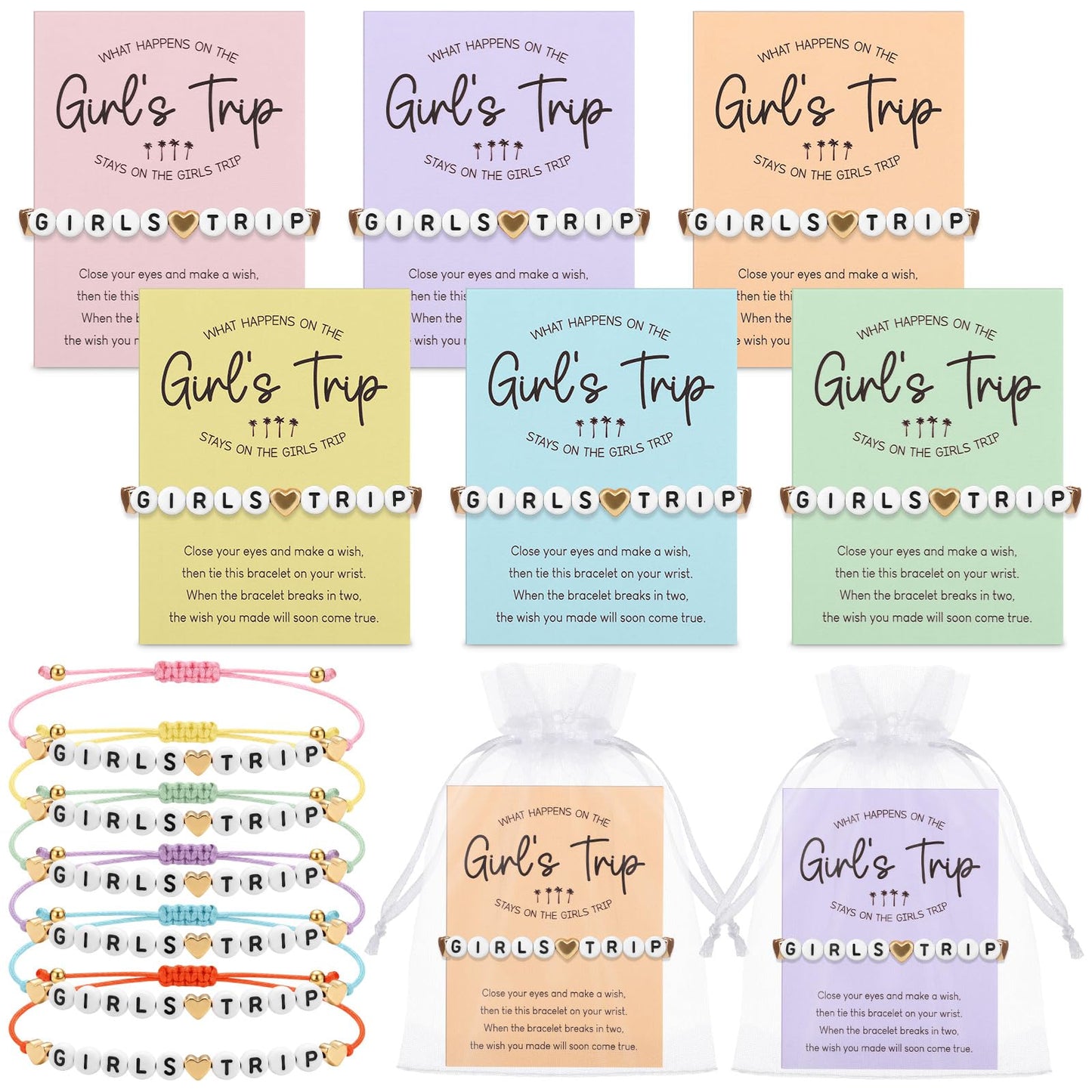 6 Pcs Girls Trip Bracelet Girls Weekend Gifts Favors Beaded Heart Bracelets with Cards Friendship Favors for Female Lady Friends Sisters Bestie Bachelorette Party